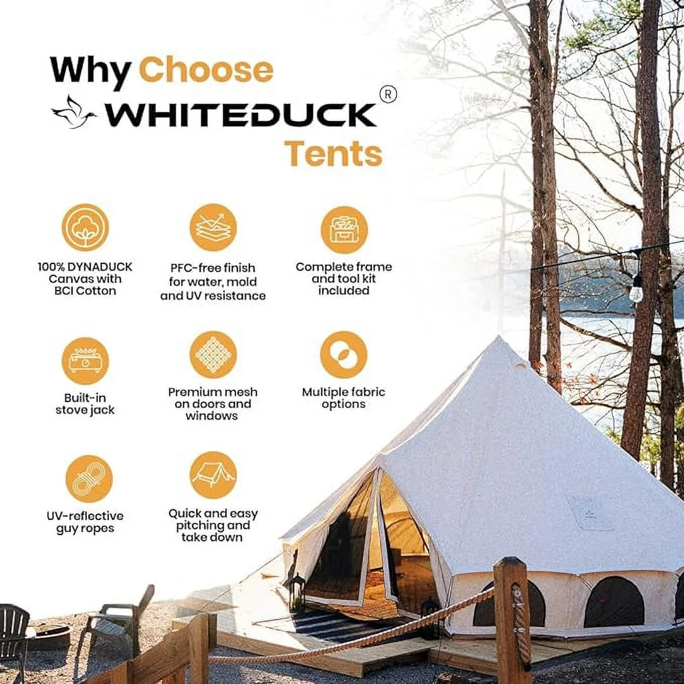 WHITEDUCK Avalon Canvas Bell Tent (13') - Water Repellent - All Season Luxury Tent for Camping and Hiking Made of Premium Breathable 100% Cotton Canvas with Stove Outlet, Mesh