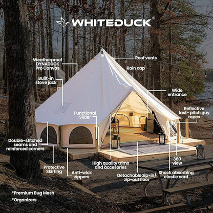 WHITEDUCK Avalon Canvas Bell Tent (13') - Water Repellent - All Season Luxury Tent for Camping and Hiking Made of Premium Breathable 100% Cotton Canvas with Stove Outlet, Mesh